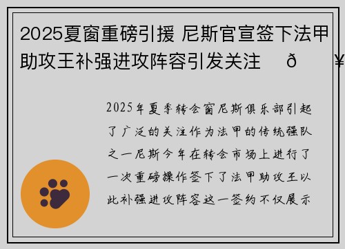 2025夏窗重磅引援 尼斯官宣签下法甲助攻王补强进攻阵容引发关注 ⚽🔥