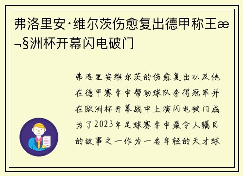弗洛里安·维尔茨伤愈复出德甲称王欧洲杯开幕闪电破门